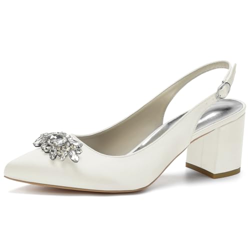 Damen Spitze Zehen Block Heel Pumps Slingback Chunky Heel Slip on Work Party Dress Schuhe Mit Strass,Elfenbein,37 EU von LRMYMHY