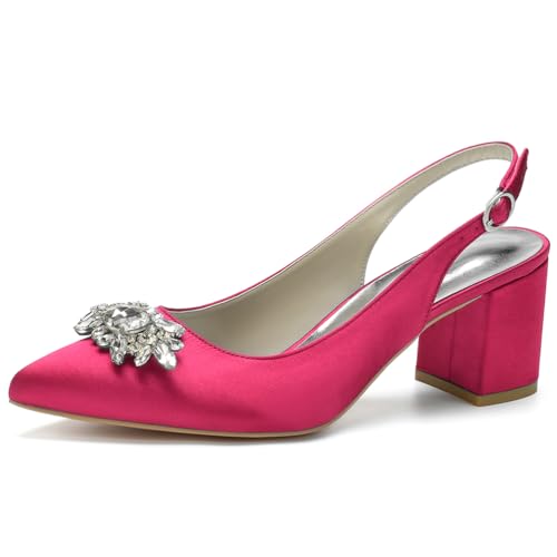 Damen Spitze Zehen Block Heel Pumps Slingback Chunky Heel Slip on Work Party Dress Schuhe Mit Strass,Fuchsia,40 EU von LRMYMHY