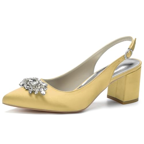 Damen Spitze Zehen Block Heel Pumps Slingback Chunky Heel Slip on Work Party Dress Schuhe Mit Strass,Gold,37 EU von LRMYMHY