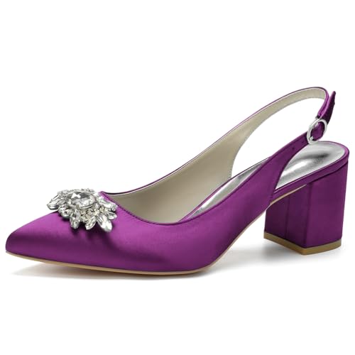 Damen Spitze Zehen Block Heel Pumps Slingback Chunky Heel Slip on Work Party Dress Schuhe Mit Strass,Lila,40 EU von LRMYMHY