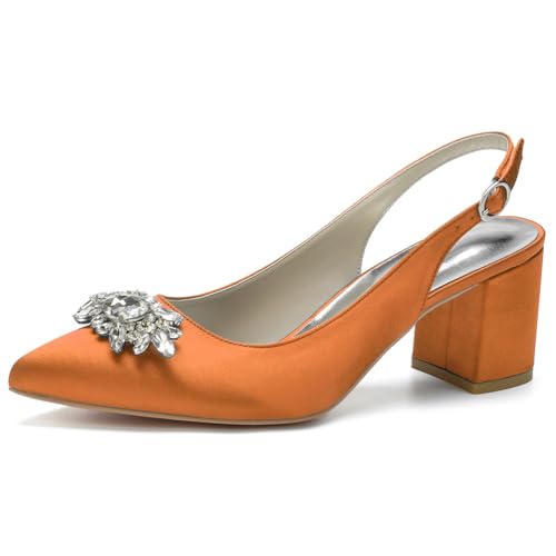 Damen Spitze Zehen Block Heel Pumps Slingback Chunky Heel Slip on Work Party Dress Schuhe Mit Strass,Orange,35 EU von LRMYMHY