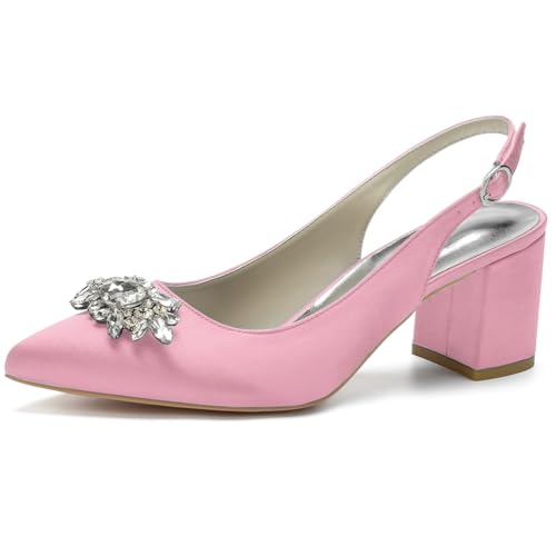Damen Spitze Zehen Block Heel Pumps Slingback Chunky Heel Slip on Work Party Dress Schuhe Mit Strass,Rosa,41 EU von LRMYMHY