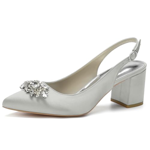 Damen Spitze Zehen Block Heel Pumps Slingback Chunky Heel Slip on Work Party Dress Schuhe Mit Strass,Silber,35 EU von LRMYMHY