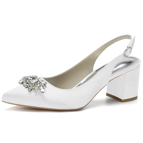 Damen Spitze Zehen Block Heel Pumps Slingback Chunky Heel Slip on Work Party Dress Schuhe Mit Strass,Weiß,39 EU von LRMYMHY