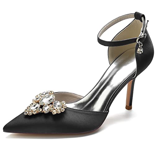 Damen Spitze Zehen High Heel Strass Pumps Satin Knöchelriemen Hochzeit Braut Abend Party Kleid Schuhe,Schwarz,38 EU von LRMYMHY