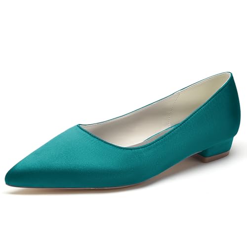 Damen Spitze Zehen Satin Brautkleid Schuhe Slip on Braut Ballerinas Abend Abschlussball Party Pumps,Teal,39 EU von LRMYMHY