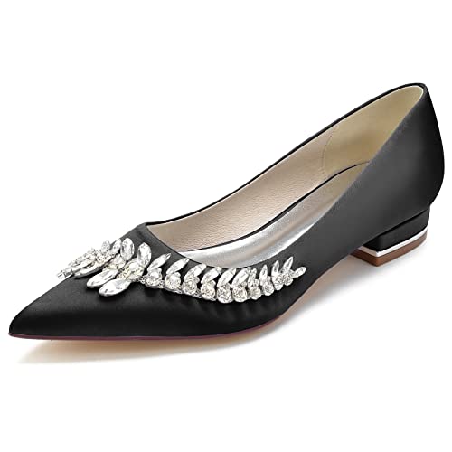 Damen Spitzen Zehen Hochzeits Flats Satin Strass formelle Pumps für Abendkleider Slip on Weiße Brautschuhe Elegante Arbeitsschuhe,Schwarz,36 EU von LRMYMHY