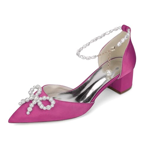 Damen Weiß Hochzeitsschuhe Niedriger Blockabsatz Pumps Perlen Knöchelriemen Spitze Zehen Satin Party Brautschuhe,Fuchsia,38 EU Damen Weiß Hochzeitsschuhe Niedriger Blockabsatz Pumps Perlen Knöchelriemen Spitze Zehen Satin Party Brautschuhe,Fuchsia,38 EU von LRMYMHY