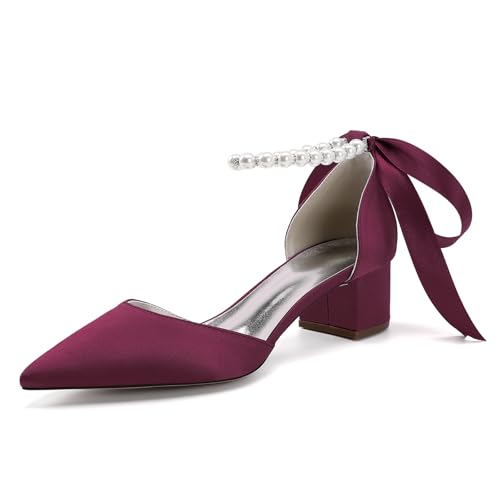 Damen mit Blockabsatz Perle Satin Geschlossen Spitze Spitze Klobig Niedrig Absatz Pumpe Sandale Party Brautkleid Schuhe,Burgundy,38 EU von LRMYMHY