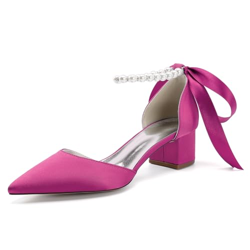 Damen mit Blockabsatz Perle Satin Geschlossen Spitze Spitze Klobig Niedrig Absatz Pumpe Sandale Party Brautkleid Schuhe,Fuchsia,39 EU von LRMYMHY