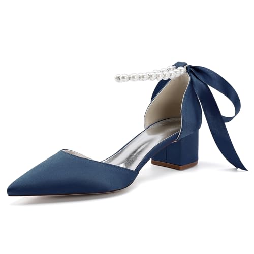 Damen mit Blockabsatz Perle Satin Geschlossen Spitze Spitze Klobig Niedrig Absatz Pumpe Sandale Party Brautkleid Schuhe,Marine,38 EU von LRMYMHY