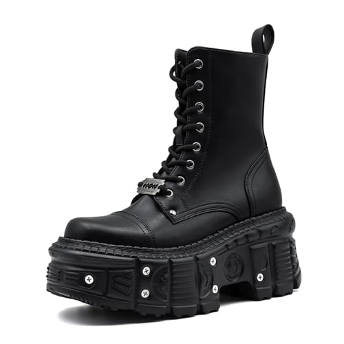 Frauen Goth Plattform Schnürung Stiefeletten Mode Runde Zehe Seitlicher Reißverschluss Punk Motorrad Kampf Kurze Stiefeletten,Schwarz,43 EU von LRMYMHY
