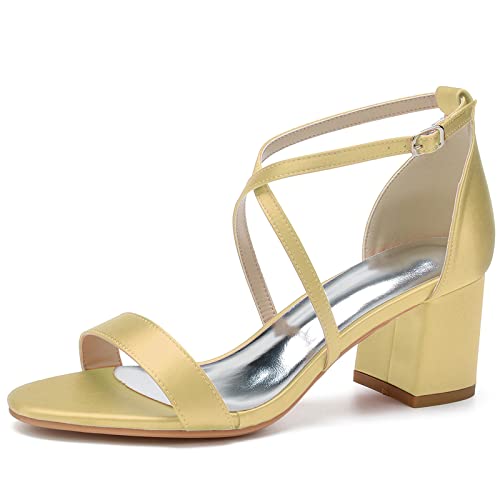 Frauen Gucken Zehe High Heel Sandalen Kreuzriemchen Satin Quadratischer Absatz Braut Hochzeit Abend Abschlussball Kleidschuhe,Gold,39 EU von LRMYMHY