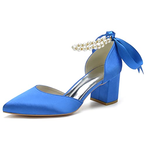Frauen Perlen Knöchelriemen Hochzeitsschuhe Blockabsatz Pumps Spitze Zehen Satin Party Brautschuhe Sandaletten,Blau,36 EU von LRMYMHY