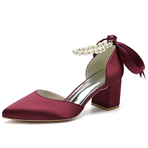 Frauen Perlen Knöchelriemen Hochzeitsschuhe Blockabsatz Pumps Spitze Zehen Satin Party Brautschuhe Sandaletten,Burgundy,37 EU von LRMYMHY