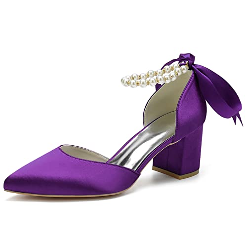 Frauen Perlen Knöchelriemen Hochzeitsschuhe Blockabsatz Pumps Spitze Zehen Satin Party Brautschuhe Sandaletten,Dark Purple,38 EU von LRMYMHY