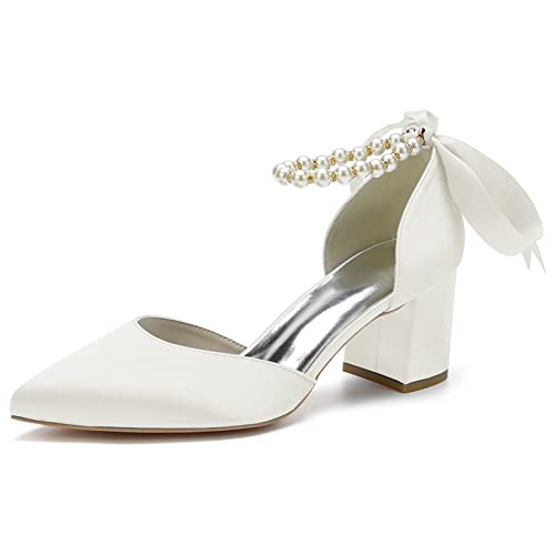 Frauen Perlen Knöchelriemen Hochzeitsschuhe Blockabsatz Pumps Spitze Zehen Satin Party Brautschuhe Sandaletten,Elfenbein,40 EU Frauen Perlen Knöchelriemen Hochzeitsschuhe Blockabsatz Pumps Spitze Zehen Satin Party Brautschuhe Sandaletten,Elfenbein,40 EU von LRMYMHY