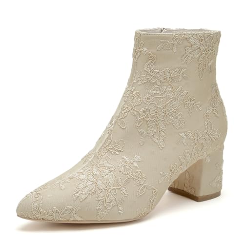 Frauen Schnür Hochzeitsstiefel für die Braut Blockabsatz Braut Stiefeletten Seitenreißverschluss Hochzeitsabsätze Brautschuhe,Champagne,38 EU von LRMYMHY