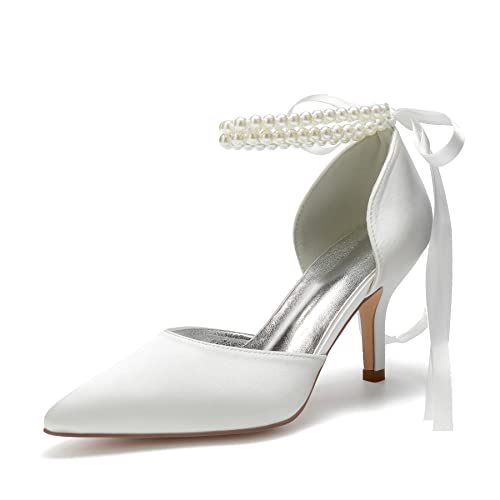 Frauen Spitze Zehen High Heel Braut Pumps Perle Knöchelriemen Satin Brautkleid Schuhe Stiletto Abend Party Brautschuhe,Elfenbein,39 EU von LRMYMHY