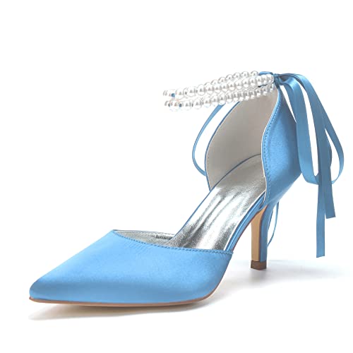 Frauen Spitze Zehen High Heel Braut Pumps Perle Knöchelriemen Satin Brautkleid Schuhe Stiletto Abend Party Brautschuhe,Sky Blue,39 EU von LRMYMHY