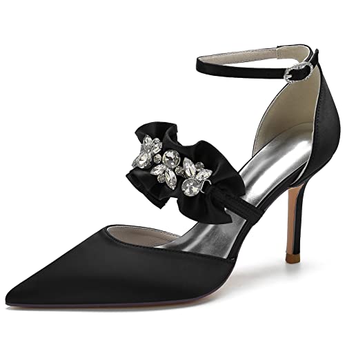 Frauen Spitze Zehen High Heel Strass Pumps Satin Knöchelriemen Hochzeit Braut Abend Party Kleid Schuhe,Schwarz,40 EU von LRMYMHY