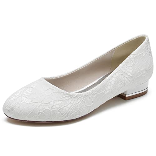Frauen Weiße Flache Brautschuhe Spitze Ballerinas Slip on Runde Zehen Hochzeit Schuhe,Weiß,41 EU von LRMYMHY