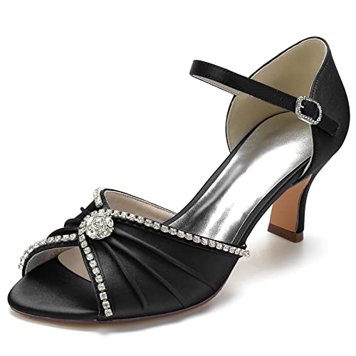 Knöchelriemen für Damen mit Kitten-Heel-Sandalen Peep Toe Brautschuhe Strass Satin Elfenbein Hochzeitsschuhe,Schwarz,36 EU von LRMYMHY