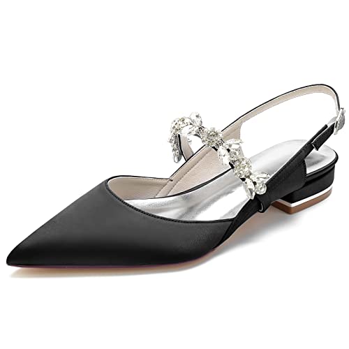 LRMYMHY Damen Ballerina Flach mit spitzer Zehenpartie Slingback Satin Brautschuhe Für Hochzeit Knöchelriemen Partei Abendschuhe Sandalen,Schwarz,36 EU von LRMYMHY