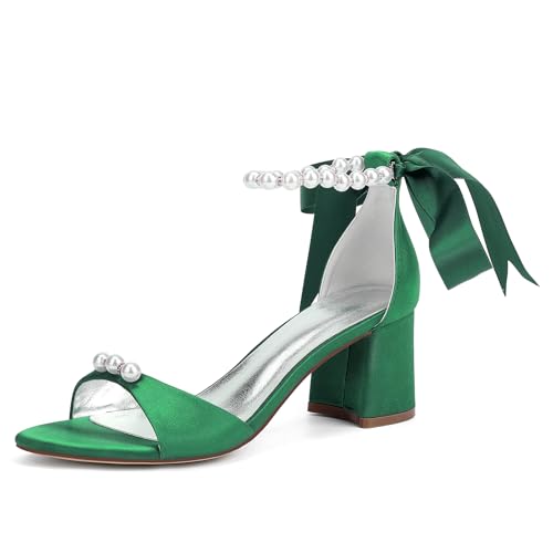 LRMYMHY Damen Blockabsatz Brautschuhe Riemchensandalen Mit Perlen Offene Zehen Brautjungfern Hochzeitsschuhe,Grün,36 EU von LRMYMHY