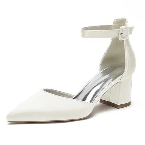 LRMYMHY Damen Blockabsatz Hochzeitsschuhe Spitzem Zehen Sandaletten Knöchelriemen Abend Party Brautschuhe,Elfenbein,39 EU von LRMYMHY