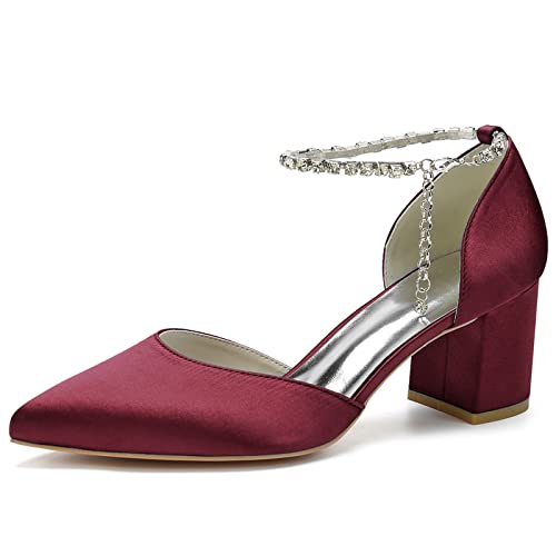 LRMYMHY Damen Blockabsatz Riemchensandalen Mit Strass Spitze Zehen Brautschuhe Abend Party Hochzeitsschuhe,Burgundy,36 EU von LRMYMHY