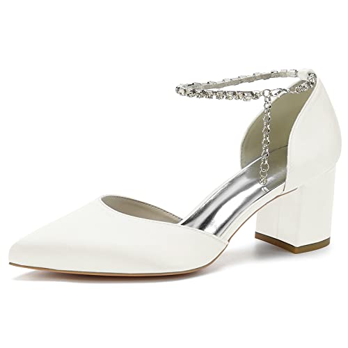LRMYMHY Damen Blockabsatz Riemchensandalen Mit Strass Spitze Zehen Brautschuhe Abend Party Hochzeitsschuhe,Elfenbein,35 EU von LRMYMHY