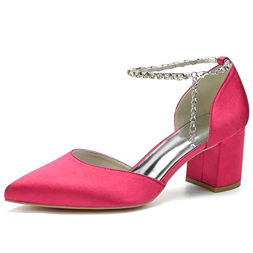 LRMYMHY Damen Blockabsatz Riemchensandalen Mit Strass Spitze Zehen Brautschuhe Abend Party Hochzeitsschuhe,Fuchsia,42 EU von LRMYMHY