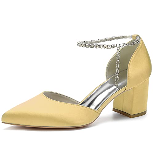 LRMYMHY Damen Blockabsatz Riemchensandalen Mit Strass Spitze Zehen Brautschuhe Abend Party Hochzeitsschuhe,Gold,41 EU von LRMYMHY