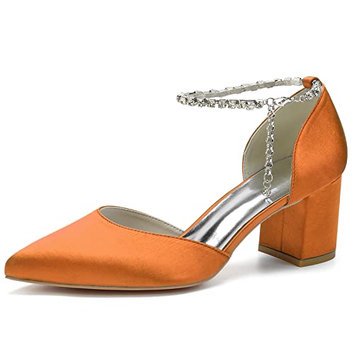 LRMYMHY Damen Blockabsatz Riemchensandalen Mit Strass Spitze Zehen Brautschuhe Abend Party Hochzeitsschuhe,Orange,43 EU von LRMYMHY