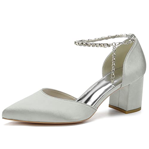 LRMYMHY Damen Blockabsatz Riemchensandalen Mit Strass Spitze Zehen Brautschuhe Abend Party Hochzeitsschuhe,Silber,37 EU von LRMYMHY