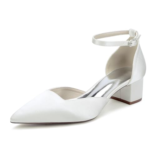 LRMYMHY Damen Blockabsatz Satin Brautschuhe Chunky Niedriger Absatz Pump Geschlossene Spitze Zehe Party Hochzeitskleid Schuhe,Elfenbein,42 EU von LRMYMHY