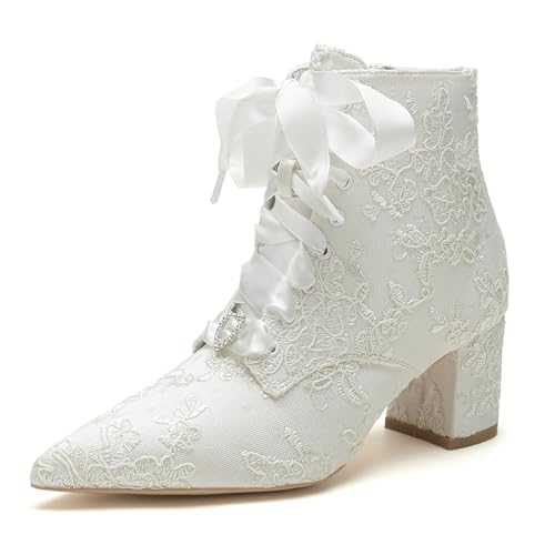 LRMYMHY Damen Blockabsatz Schnür Hochzeitsstiefel Für Die Braut, Mit Seitenreißverschluss Und Spitzer Zehe, Kurze Knöchelstiefel,Elfenbein,37 EU von LRMYMHY