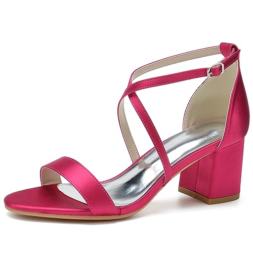 LRMYMHY Damen Brautschuhe Sandalen Mit Blockabsatz Offene Zehen Knöchelriemen Hochzeitsschuhe Pumps,Fuchsia,40 EU von LRMYMHY