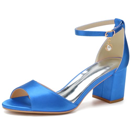 LRMYMHY Damen Chunky Block Heel Brautschuhe für Braut Offene Spitze Brautsandalen Knöchelriemen Party Ballkleid Pumpe,Blau,41 EU von LRMYMHY