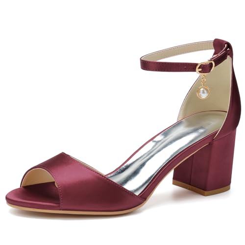 LRMYMHY Damen Chunky Block Heel Brautschuhe für Braut Offene Spitze Brautsandalen Knöchelriemen Party Ballkleid Pumpe,Burgundy,42 EU von LRMYMHY