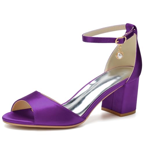 LRMYMHY Damen Chunky Block Heel Brautschuhe für Braut Offene Spitze Brautsandalen Knöchelriemen Party Ballkleid Pumpe,Dark Purple,38 EU von LRMYMHY