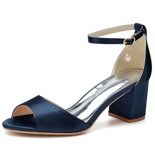 LRMYMHY Damen Chunky Block Heel Brautschuhe für Braut Offene Spitze Brautsandalen Knöchelriemen Party Ballkleid Pumpe,Marine,42 EU von LRMYMHY
