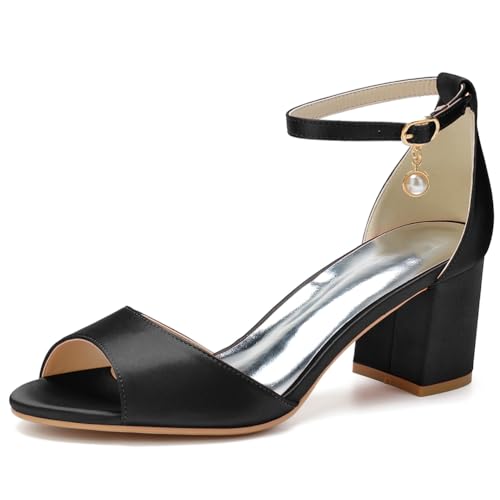 LRMYMHY Damen Chunky Block Heel Brautschuhe für Braut Offene Spitze Brautsandalen Knöchelriemen Party Ballkleid Pumpe,Schwarz,40 EU von LRMYMHY