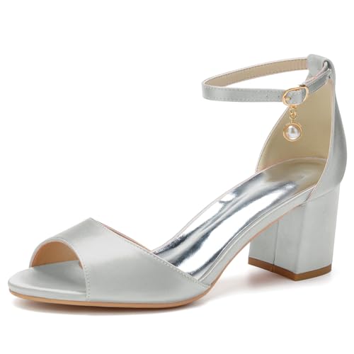 LRMYMHY Damen Chunky Block Heel Brautschuhe für Braut Offene Spitze Brautsandalen Knöchelriemen Party Ballkleid Pumpe,Silber,38 EU von LRMYMHY