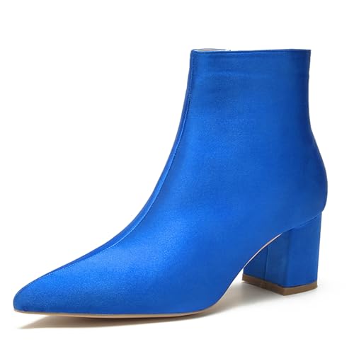 LRMYMHY Damen Chunky Block Niedriger Absatz Chelsea Stiefeletten Spitz Zehen Seite Reißverschluss Büro Klassisch Satin Kleid Kurz Stiefelette,Blau,38 EU von LRMYMHY