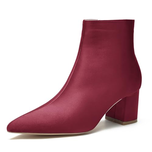 LRMYMHY Damen Chunky Block Niedriger Absatz Chelsea Stiefeletten Spitz Zehen Seite Reißverschluss Büro Klassisch Satin Kleid Kurz Stiefelette,Burgundy,36 EU von LRMYMHY