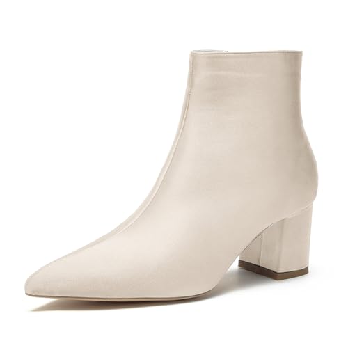LRMYMHY Damen Chunky Block Niedriger Absatz Chelsea Stiefeletten Spitz Zehen Seite Reißverschluss Büro Klassisch Satin Kleid Kurz Stiefelette,Champagne,38 EU von LRMYMHY