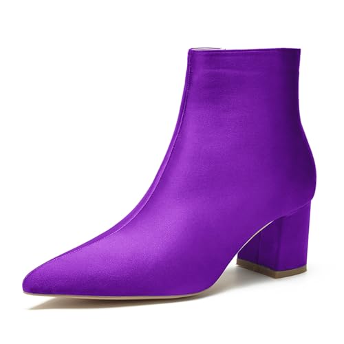 LRMYMHY Damen Chunky Block Niedriger Absatz Chelsea Stiefeletten Spitz Zehen Seite Reißverschluss Büro Klassisch Satin Kleid Kurz Stiefelette,Dark Purple,41 EU von LRMYMHY