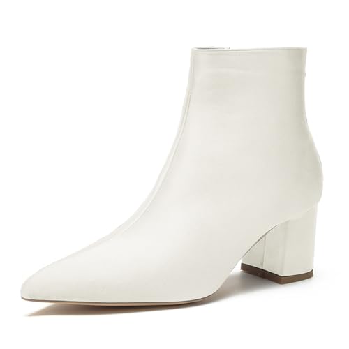 LRMYMHY Damen Chunky Block Niedriger Absatz Chelsea Stiefeletten Spitz Zehen Seite Reißverschluss Büro Klassisch Satin Kleid Kurz Stiefelette,Elfenbein,42 EU von LRMYMHY